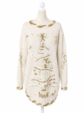 Vintage 1995 DBL Christmas Tree Sweater M White Gold Embroidered Cottagecore